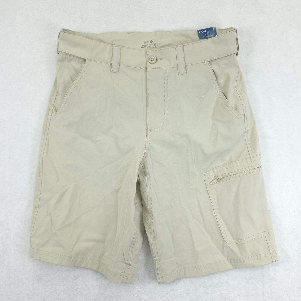 Huk Next Level Fishing Shorts Mens S Beige Stretch Zipper Cargo Pockets NWT